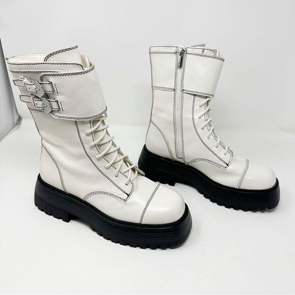 Vince Camuto Monchia White Leather Combat Platform Boots 7 - Picture 1 of 6